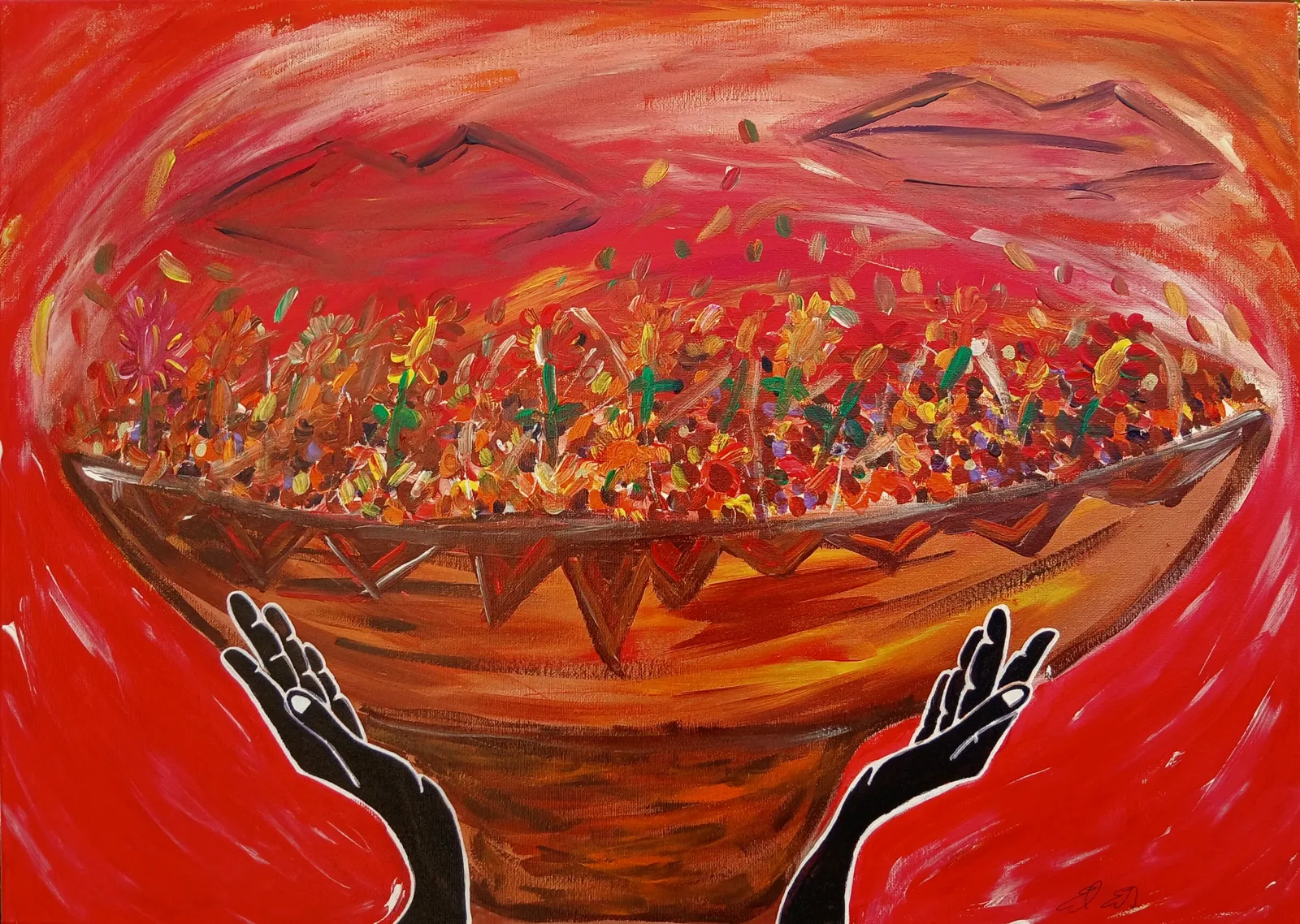 Dipinto: due mani scure sostengono una grande coppa traboccante di colori, fiori e frammenti, sotto un cielo di colline rosse.