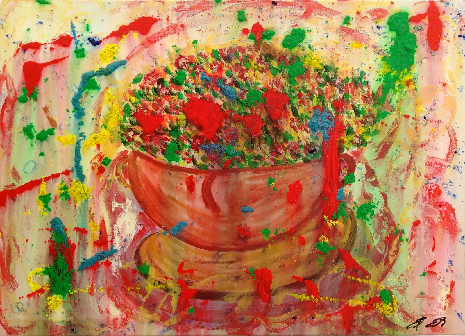 Dipinto: un grande vaso di terracotta colmo di fiori esplosi in rosso, giallo, verde, blu, su un fondo crema attraversato da gocce di colore.